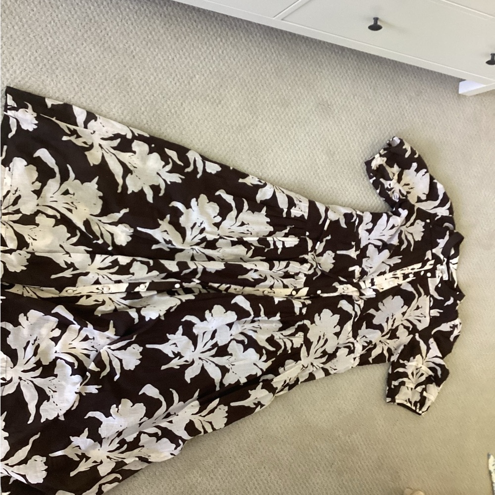 Brown Floral Button-Front Maxi Dress with White Print